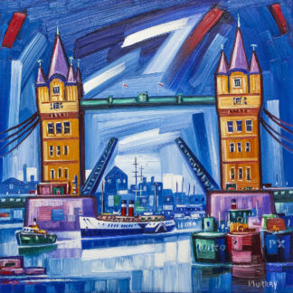 A vibrant, stylized painting of London's Tower Bridge with a river, boats, and cityscape under a sweeping blue sky. By Raymond Murray